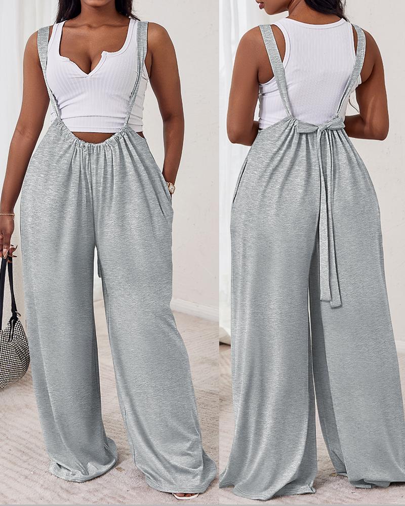 

Plain Wide Leg Suspender Jumpsuit, Gray