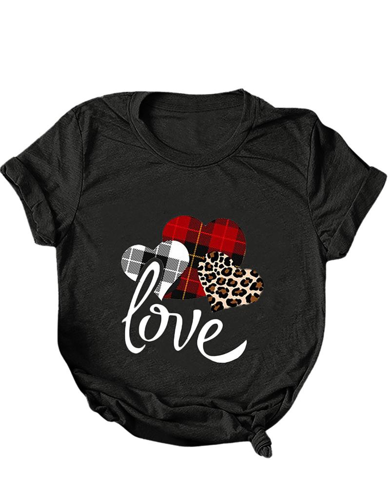 

Valentine's Day Plaid Heart Cheetah Print Short Sleeve T-shirt, Style1