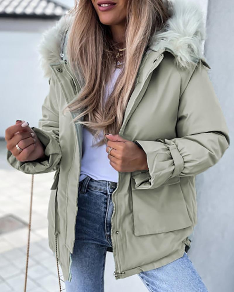 

Faux Fur Patch Pocket Zipper Design Hooded Parker Coat, Green