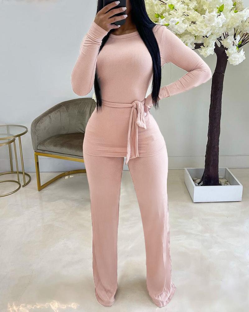 

Long Sleeve Round Neck Top & High Waist Pants Set With Belt, Apricot