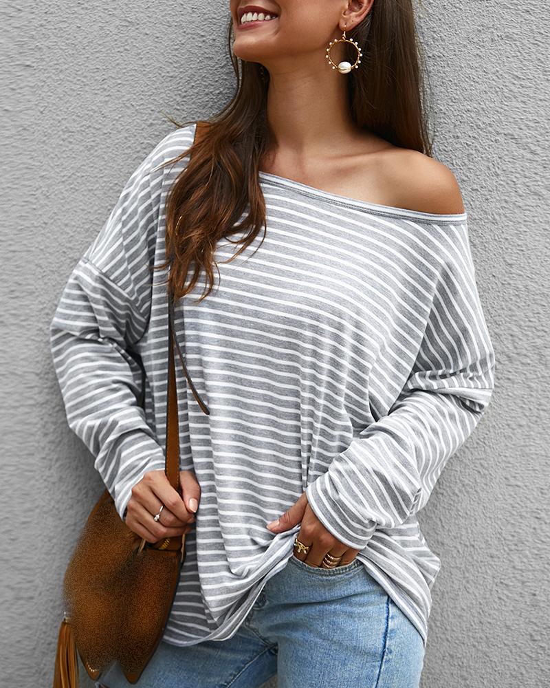 

Long Sleeve Striped Round Neck Casual Top, Gray