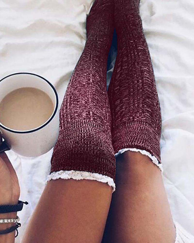 

Lace Trim Colorblock Over The Knee Socks, Wine red