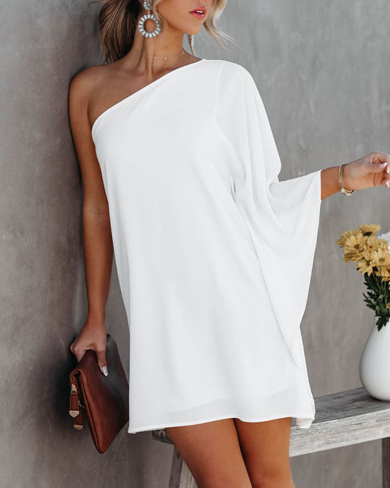 

One Shoulder Plain Casual Dress, White