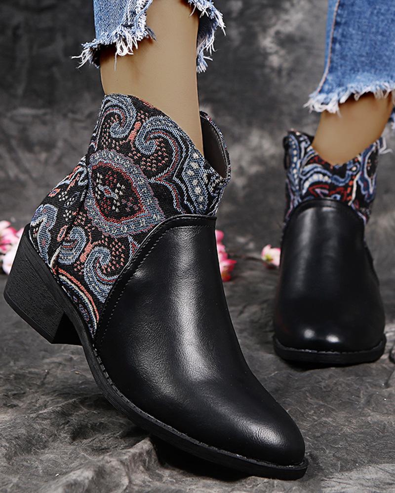 

Paisley Embroidery Colorblock Chunky Cowboy Boots, Black