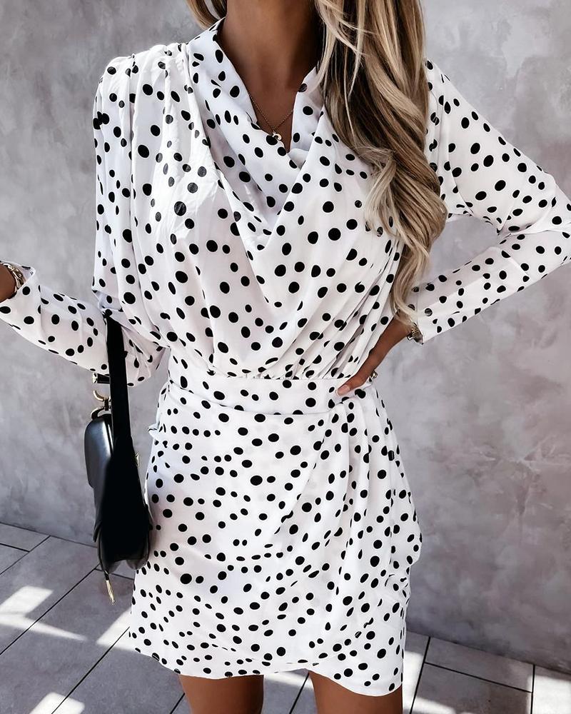 

Cowl Neck Ruched Long Sleeve Polkadot Print Dress, White