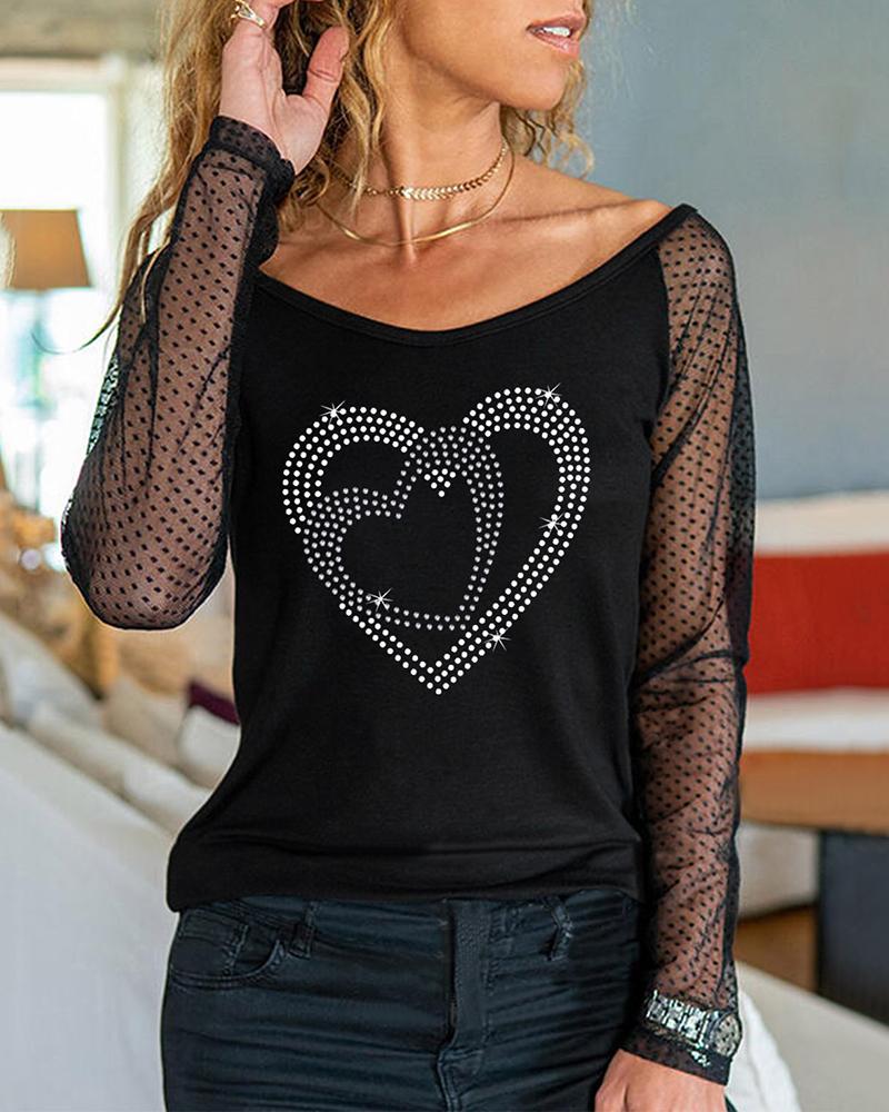 

Dot Mesh Rhinestone Heart Pattern Top, Black
