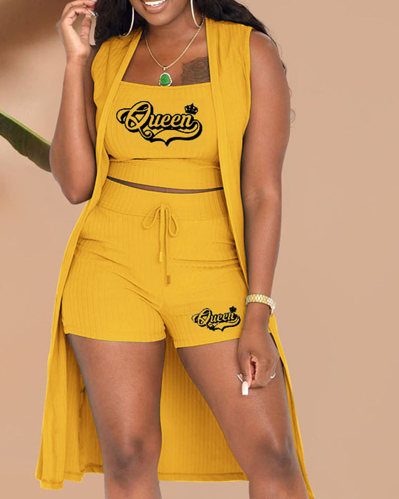 

3PCS Letter Crown Print Ribbed Crop Top & Shorts Set With Cardigan, Yellow