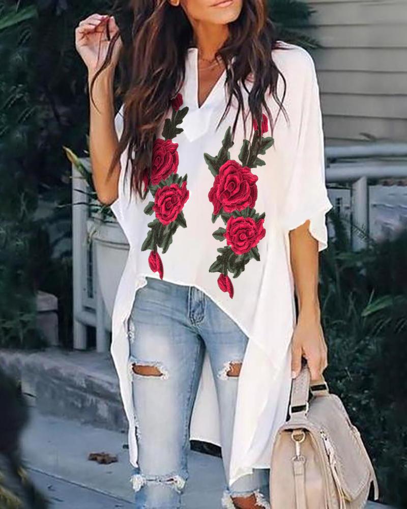 

Floral Embroidery Short Sleeve V Neck Blouse, White