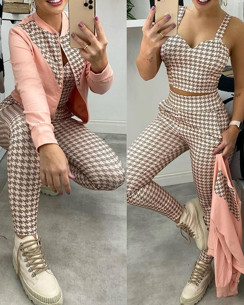 

3PCS Houndstooth Print Crop Top & Pants Set With Colorblock Coat, Pink