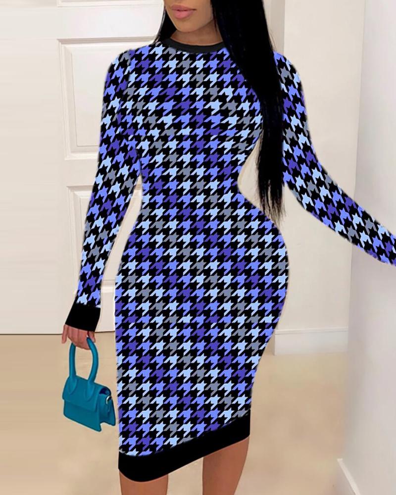 

Houndstooth Print Long Sleeve Bodycon Women Dress, Blue