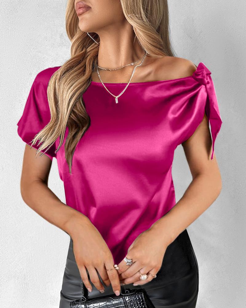 

Bowknot Decor Short Sleeve Satin Top, Hot pink