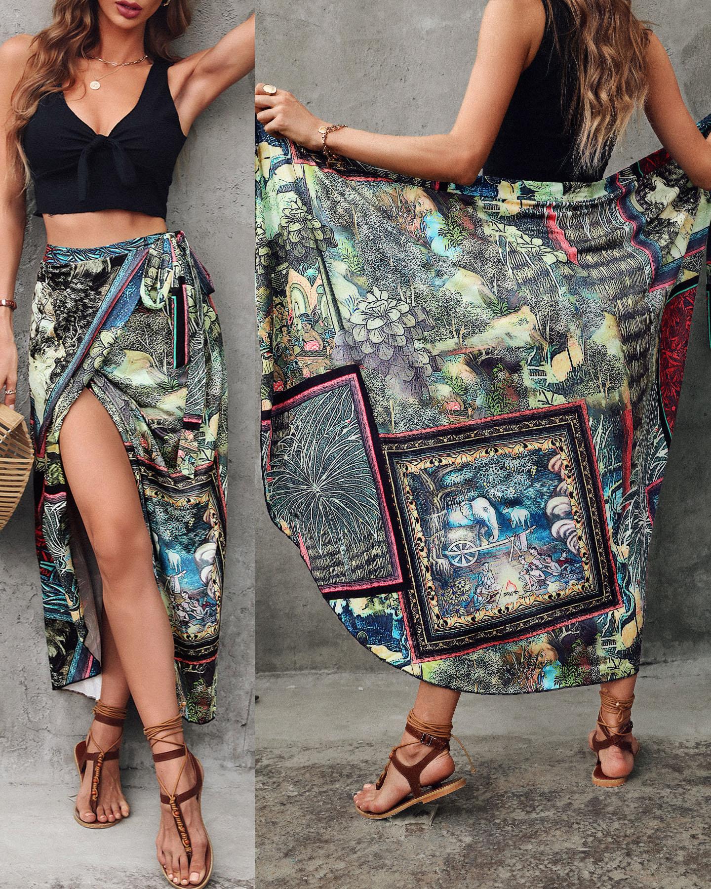 

Graphic Print Colorblock Tied Detail Cover Up, Multicolor