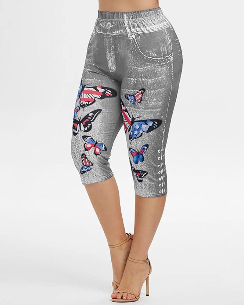 

Butterfly Denim Look Print Capris Leggings, Gray