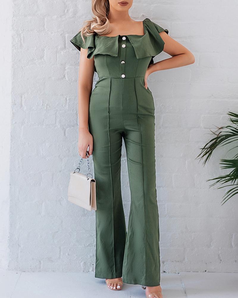 

Off Shoulder Ruffle Hem Buttoned Jumpsuit, Army green