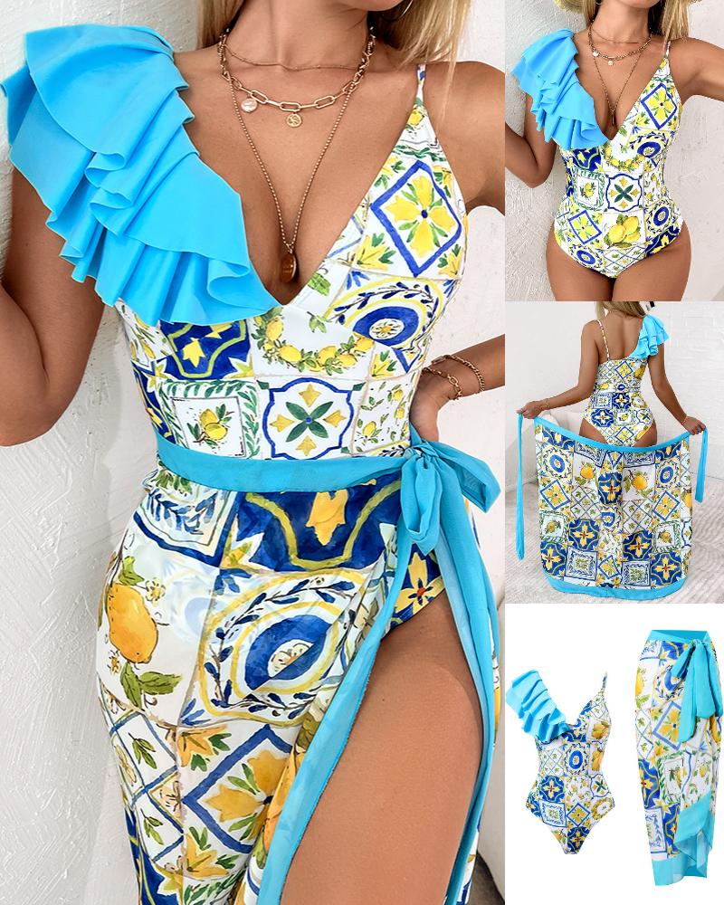 

Scarf Print Ruffle Hem One-Piece Swimsuit With Cover Up, Lighted blue