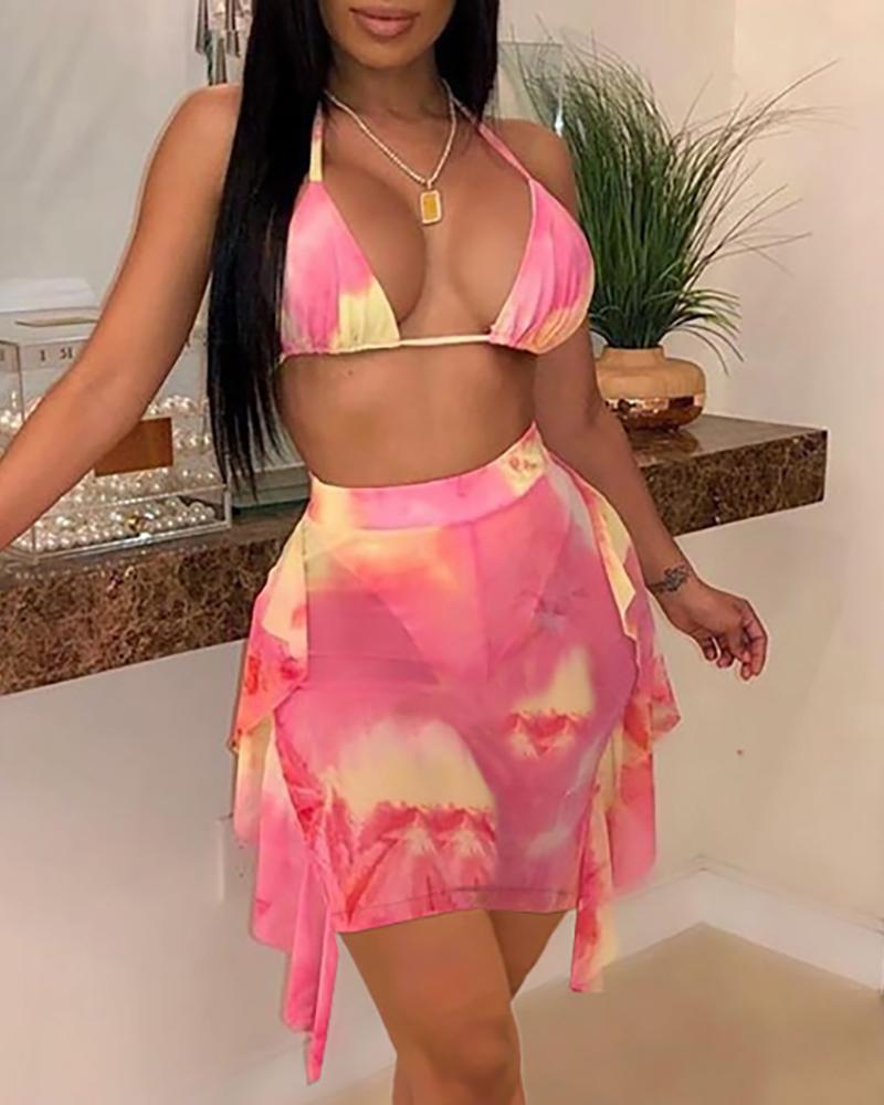 

Halter Tie Dye Print Top & Sheer Mesh Ruffles Skirt Set, Pink