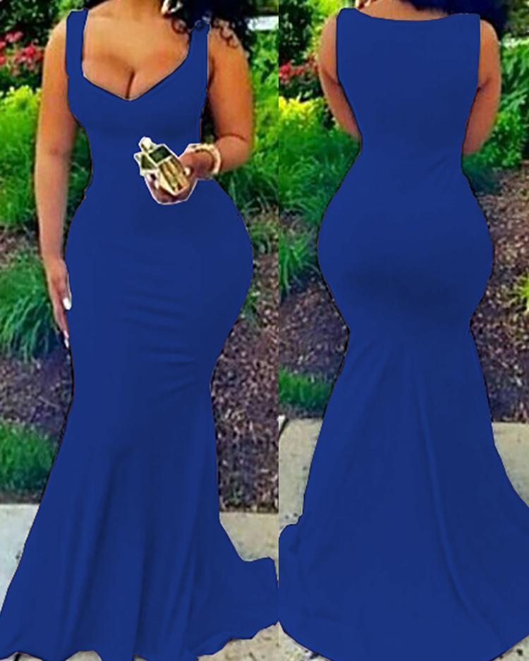 

Sexy Solid Low Cut Slinky Fishtail Maxi Dress, Blue