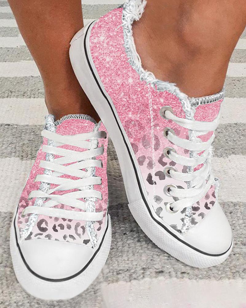 

Valentine's Day Ombre Cheetah Print Lace-up Fringe Hem Canvas Sneakers, Pink