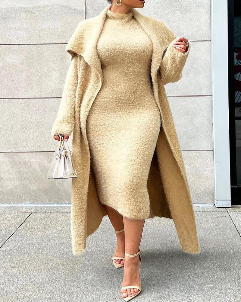 

Plus Size Fluffy Midi Dress With Longline Coat, Khaki