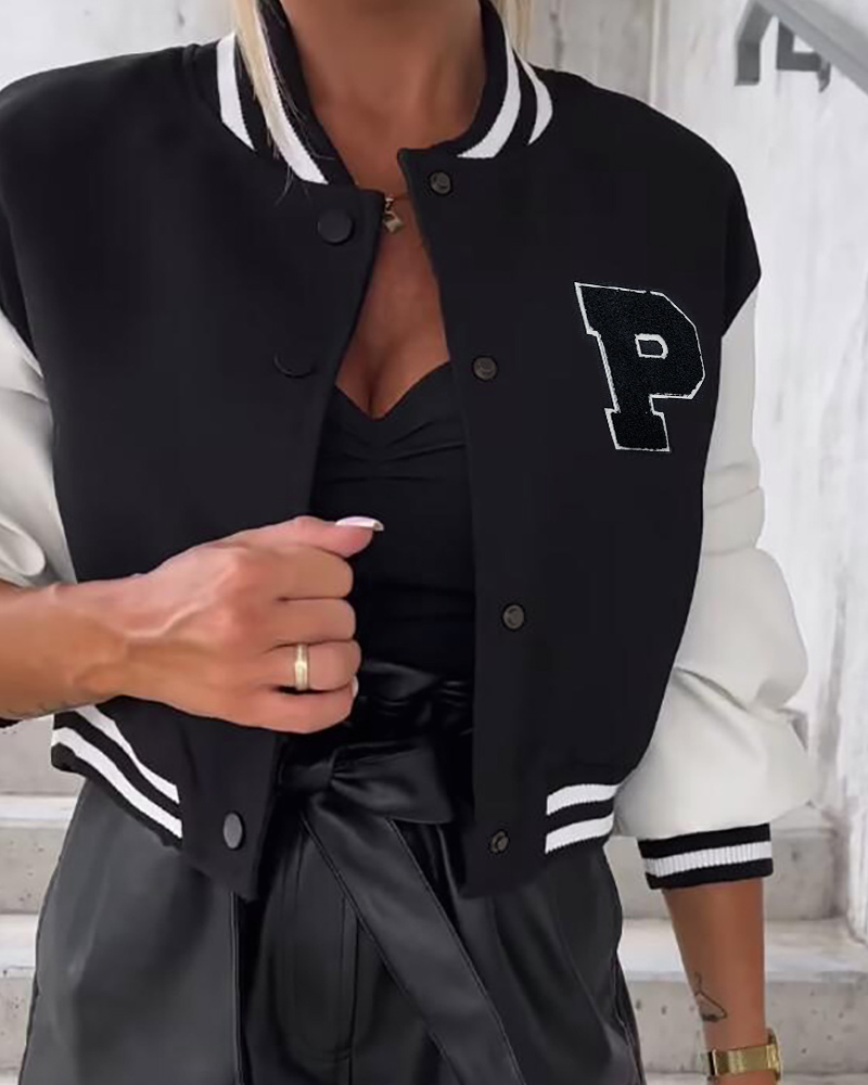 

Colorblock Letter Striped Long Sleeve Baseball Jacket, Black