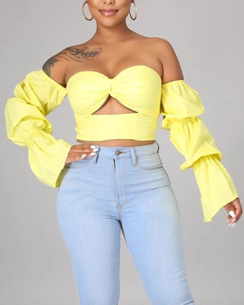 

Open Back Cut-Out Smocked Trumpet Sleeve Crop Tube Top, Yellow