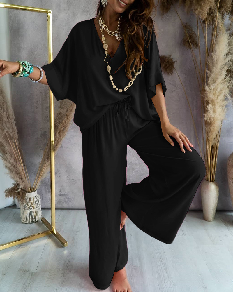

V-Neck Batwing Sleeve Top & Casual Pants Set, Black