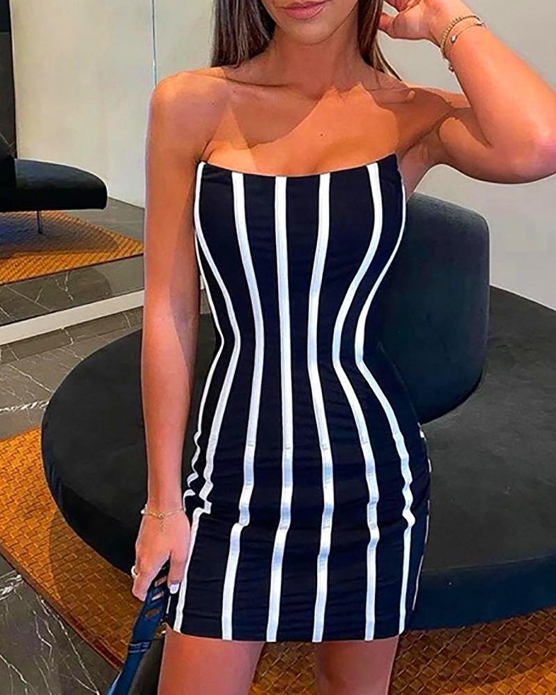 

Striped Print Colorblock Bandeau Bodycon Dress, Black