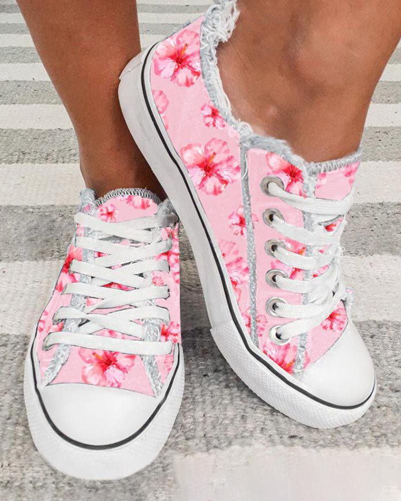 

Valentine's Day Floral Print Fringe Hem Canvas Sneakers, Pink