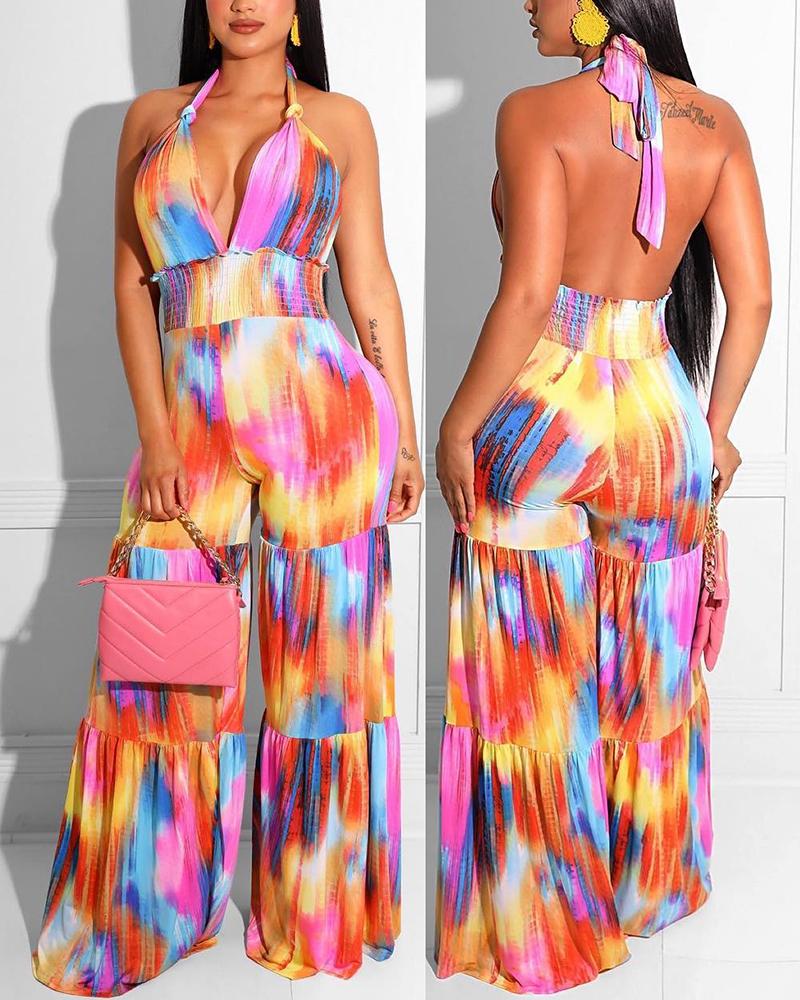 

Tie Dye Print Halter Pleated Wide Leg Jumpsuit, Multicolor