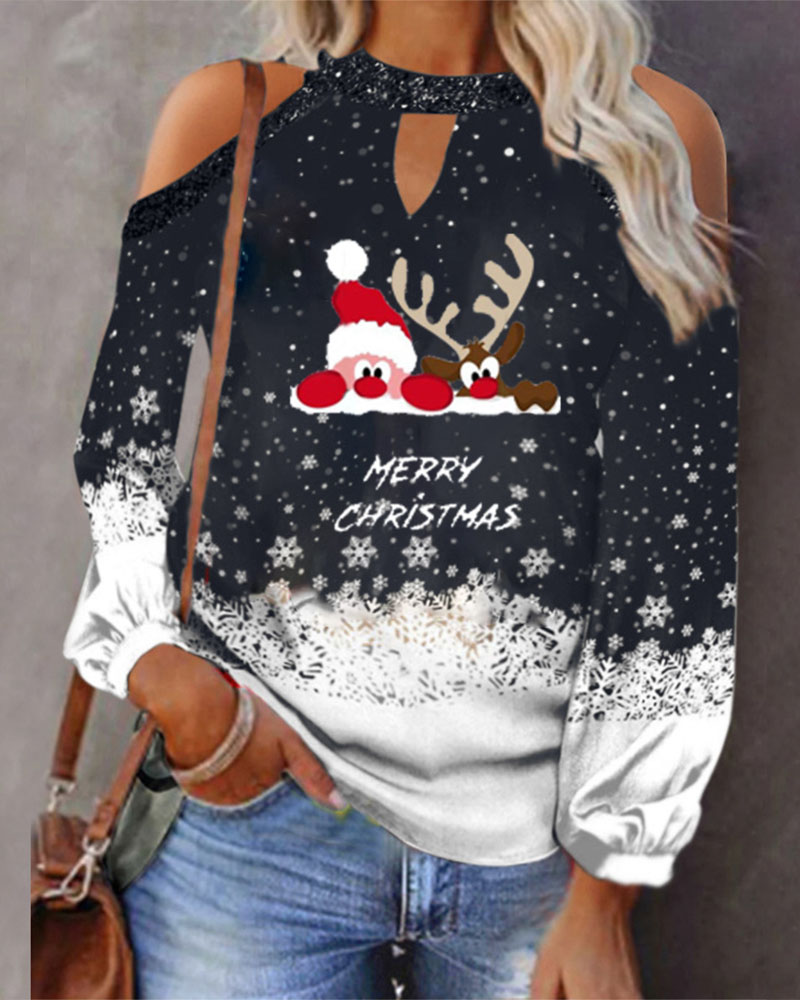 

Merry Christmas Snowflake Cartoon Elk Print Cold Shoulder Top, Black