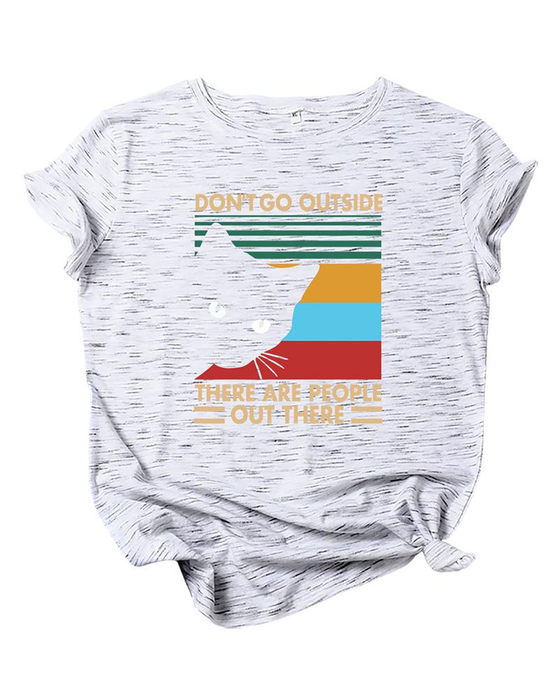 

Letter Cat Print Casual T-shirt, Gray