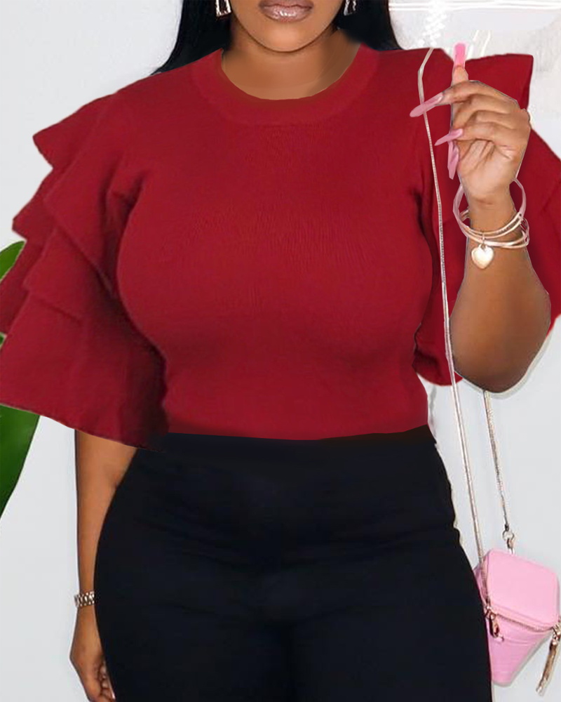 

Plus Size Layered Bell Sleeve Top, Red