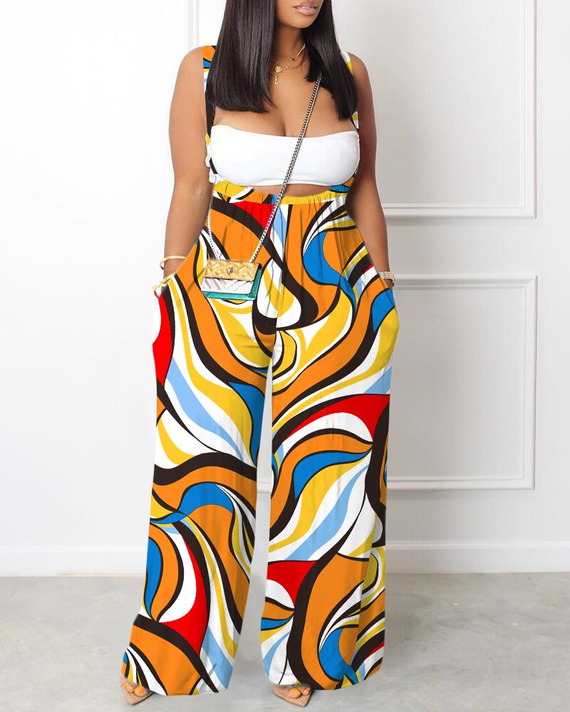 

Abstract Print Wide Leg Suspender Jumpsuit, Yellow