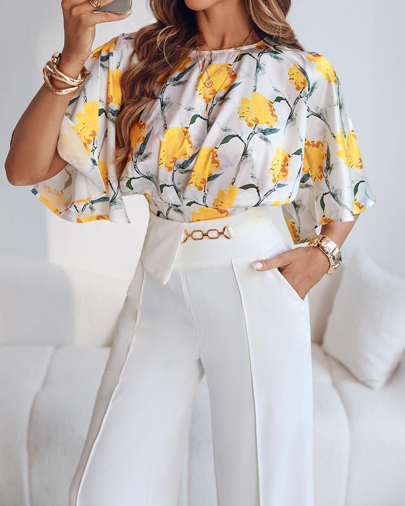 

2 Pieces Outfit Floral Print Bell Sleeve Satin Blouse Top and Casual High Waist Work Pants Set, Yellow