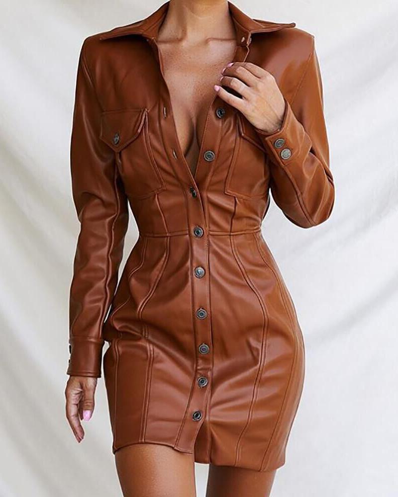 

Buttoned Flap Detail PU Leather Bodycon Dress, Brown