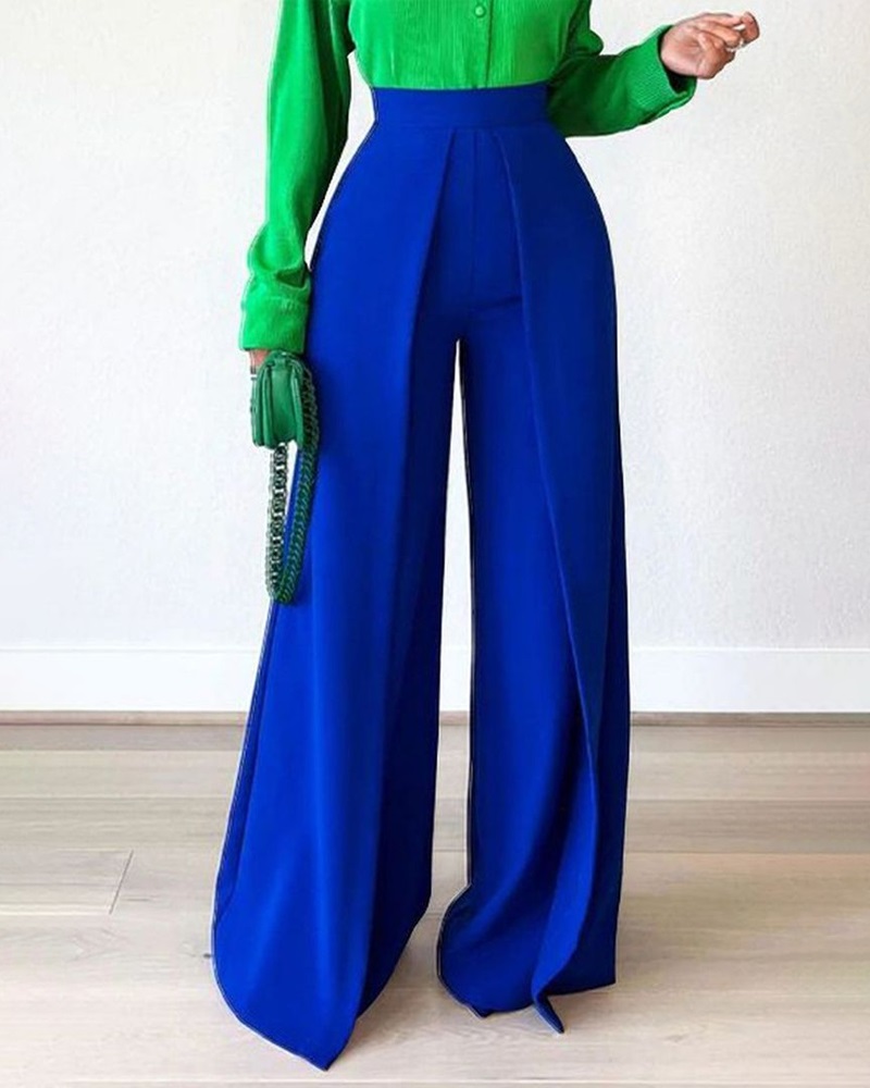 

High Waist Wide Leg Ruched Pants, Blue