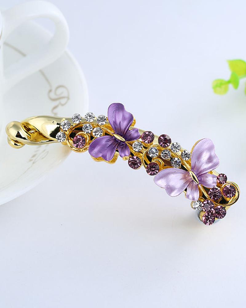 

Women's Rhinestone Ponytail Bow Hairpin Paint Double Butterfly Banana Hair Clip, Purple