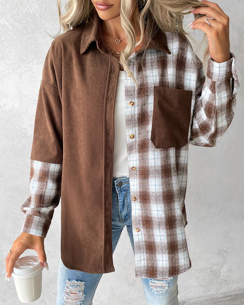 Colorblock Plaid Print Pocket Design Buttoned Shacket