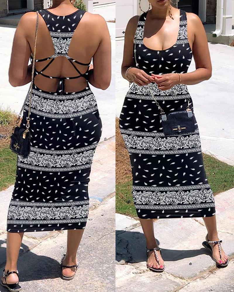 

Retro Print Tied Detail Backless Dress, Black