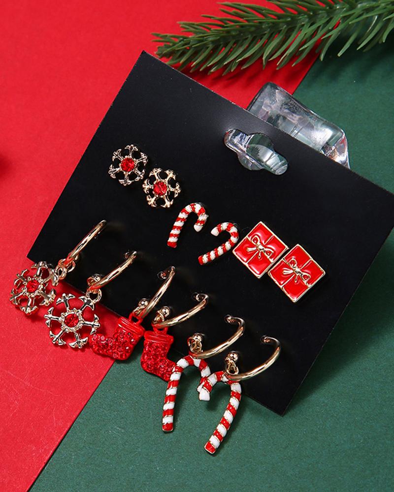 

6Pairs Christmas Candy Cane Snowflakes Socks Gifts Earrings Set, Red