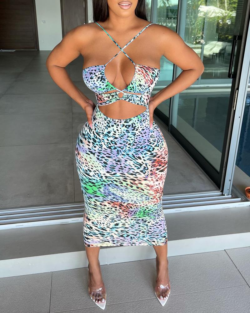 

Cheetah Print Colorblock Halter Cutout Dress, Blue