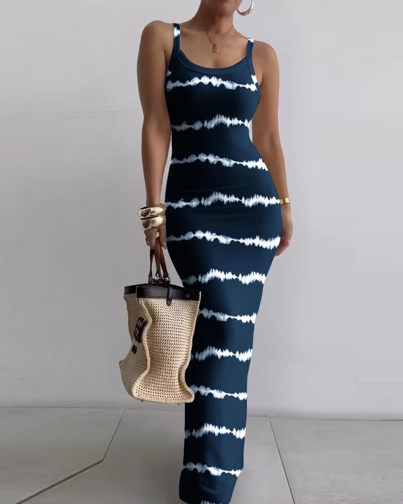 

Tie Dye Print U-Neck Maxi Skims Dress, Purplish blue