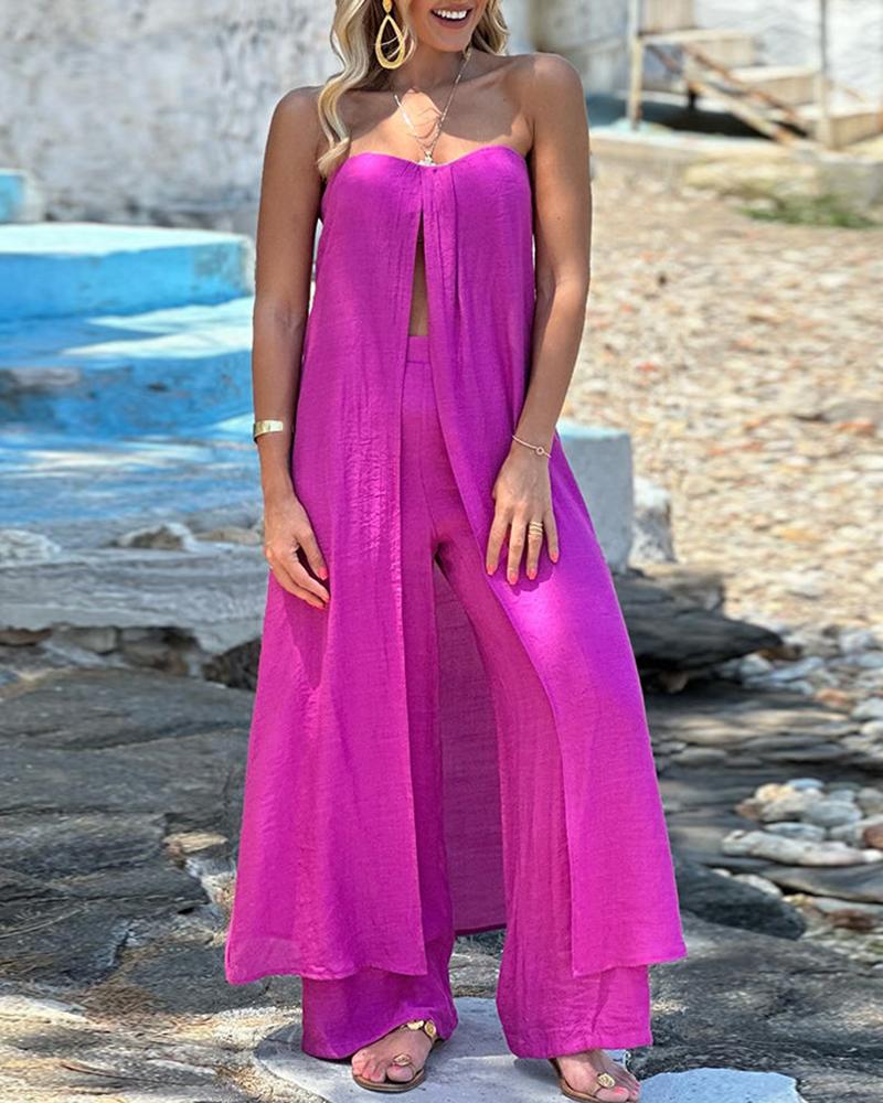 

Bandeau Slit Longline Top & Wide Leg Pants Set, Hot pink