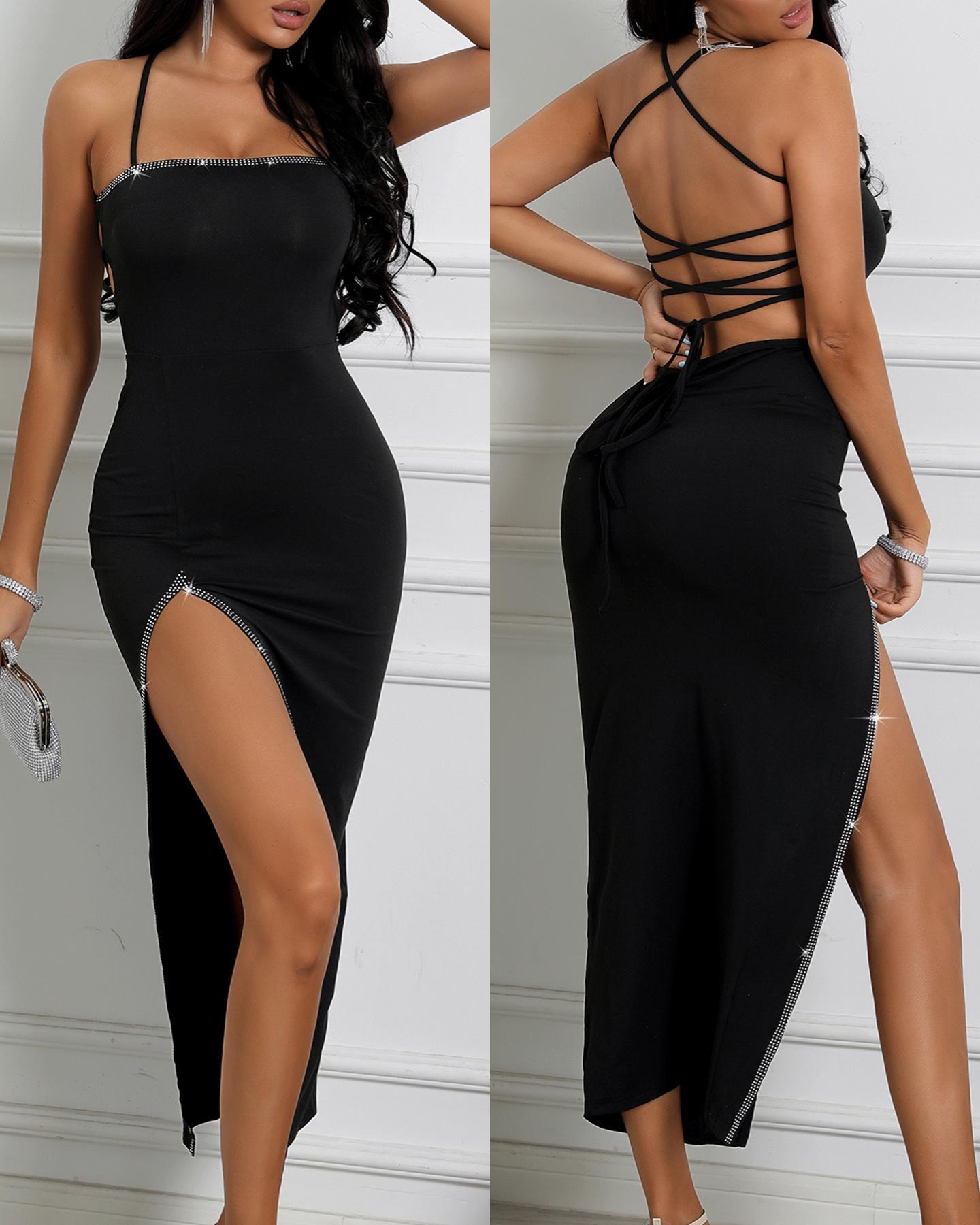 

Studded Bandage Backless Slit Dress, Black