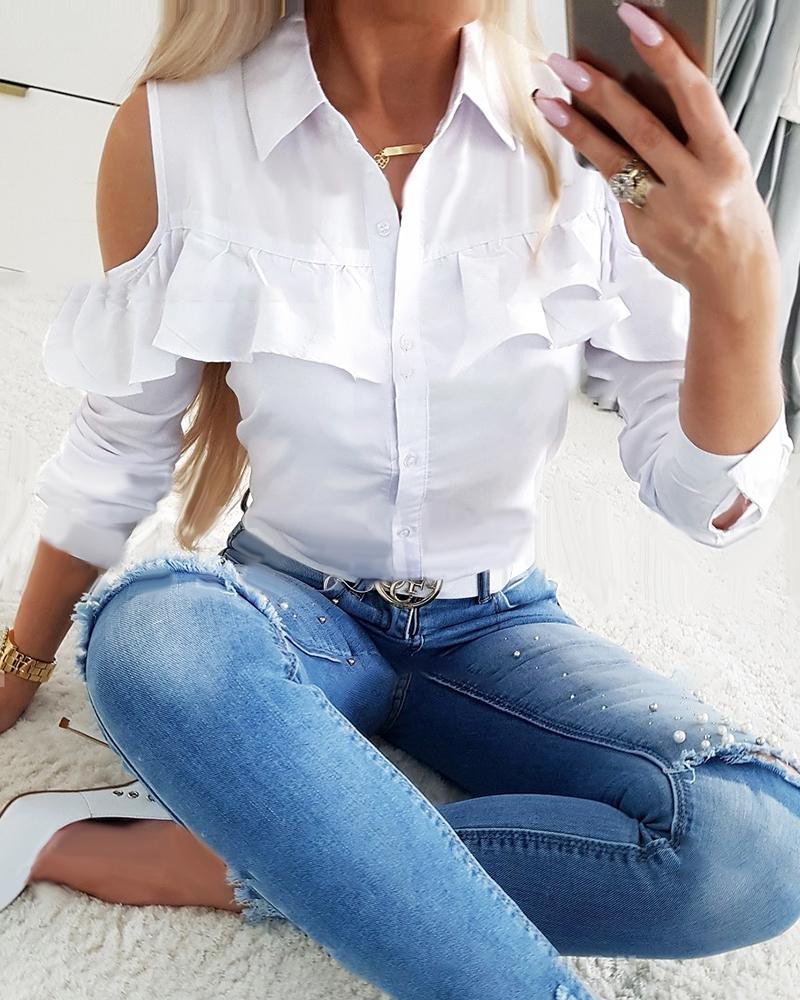 

Cold Shoulder Ruffle Hem Shirt, White