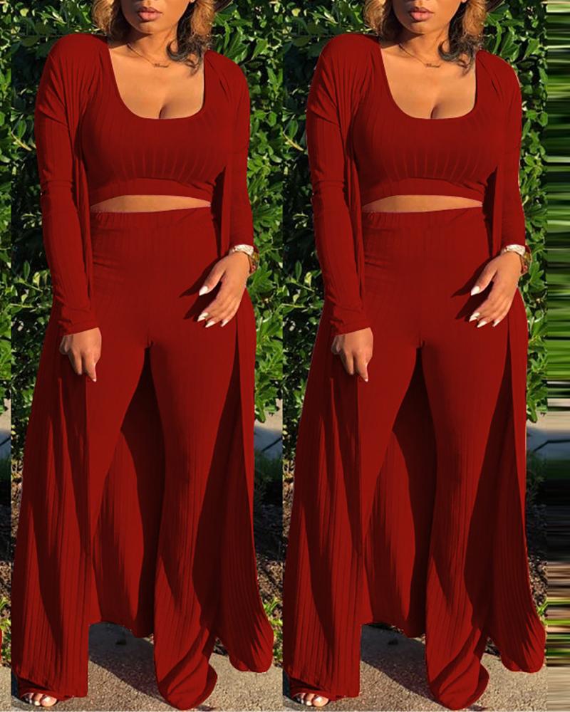 

Ribbed Crop Top & High Waist Bootcut Pants Set With Cardigan, Red