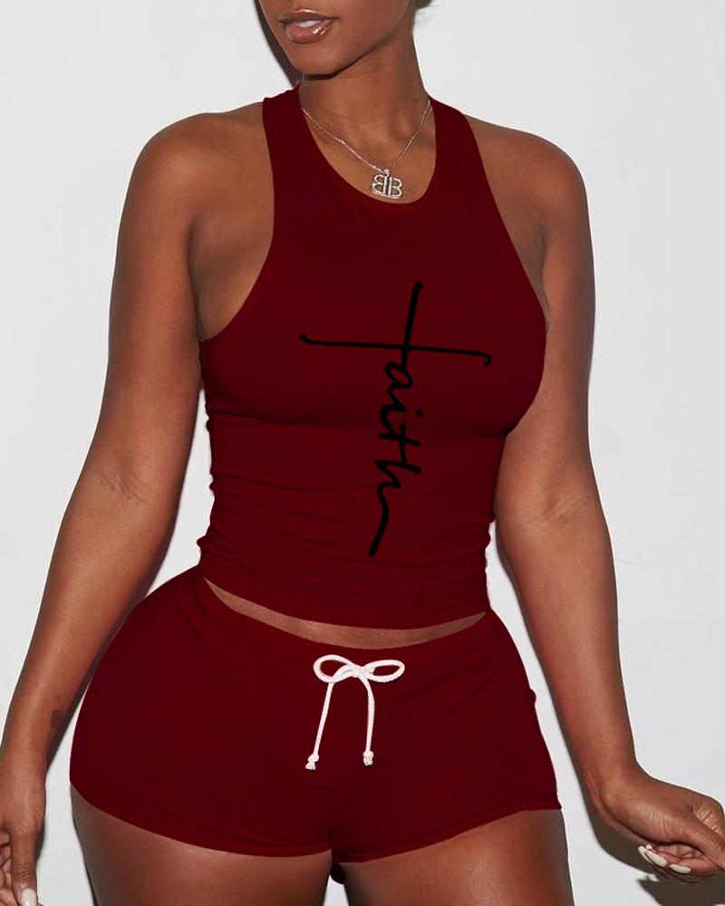 

Letter Print Breathable Drawstring Active Set, Wine red
