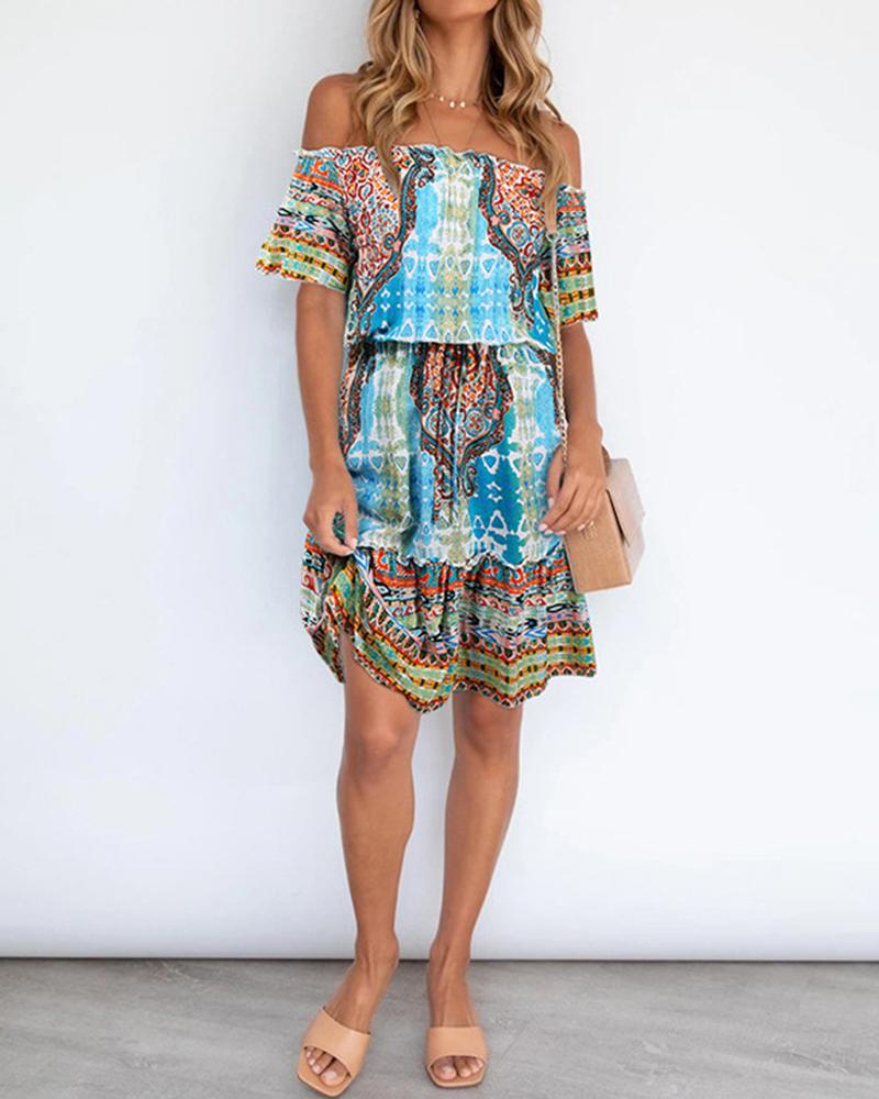 

Printed Floral Short Sleeve Cold Shoulder Bohemian Dress, Blue