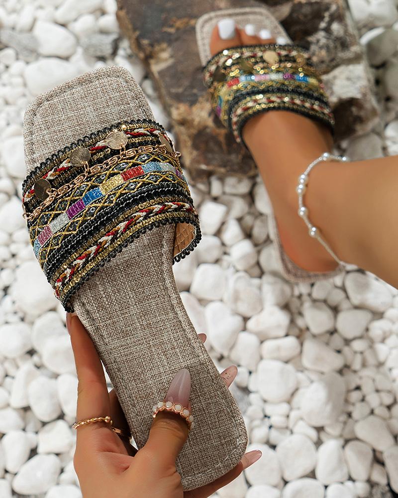 

Bohemian Tribal Wide Strap Beach Slippers, Black