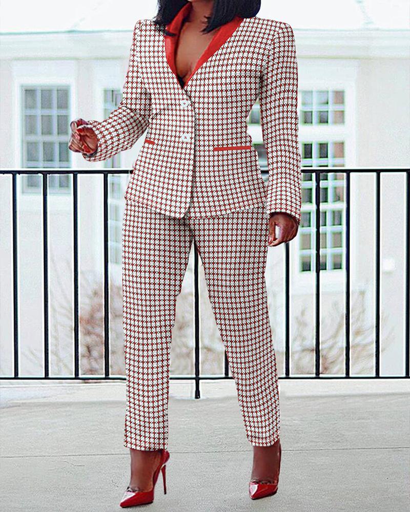 

Plus Size Plaid Print Shawl Collar Blazer Coat & Pants Set, Red